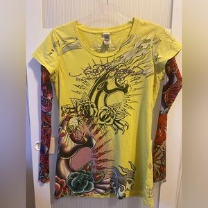 RARE Ed Hardy by Christian Audigier Tattoo mesh long sleeve Shirt Yellow